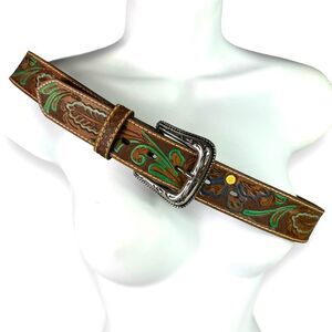 Nocona Floral Tooled Painted Western Brown Leather Belt Men’s Women’s Sz 36
